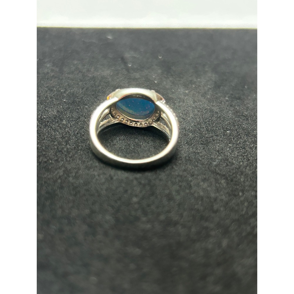 Bomb Party Blue Fire Opal Halo Split Shank Statement Ring Silver Tone Oval Stone - Picture 4 of 6